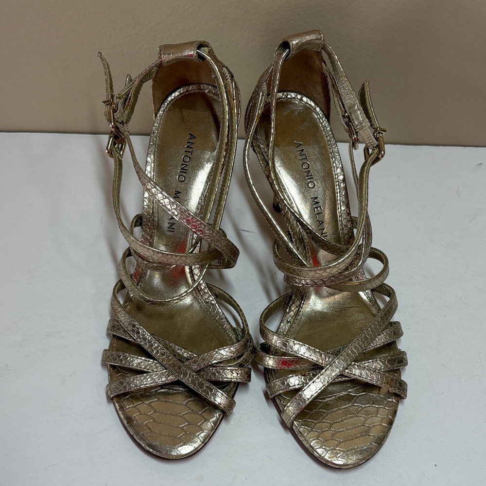 ANTONIO MELANI Gold Strappy Snake-Texture Leather Stiletto Sandals - Picture 2 of 14
